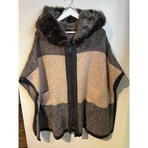 Zara, fur-hooded wool-blend poncho, size M
